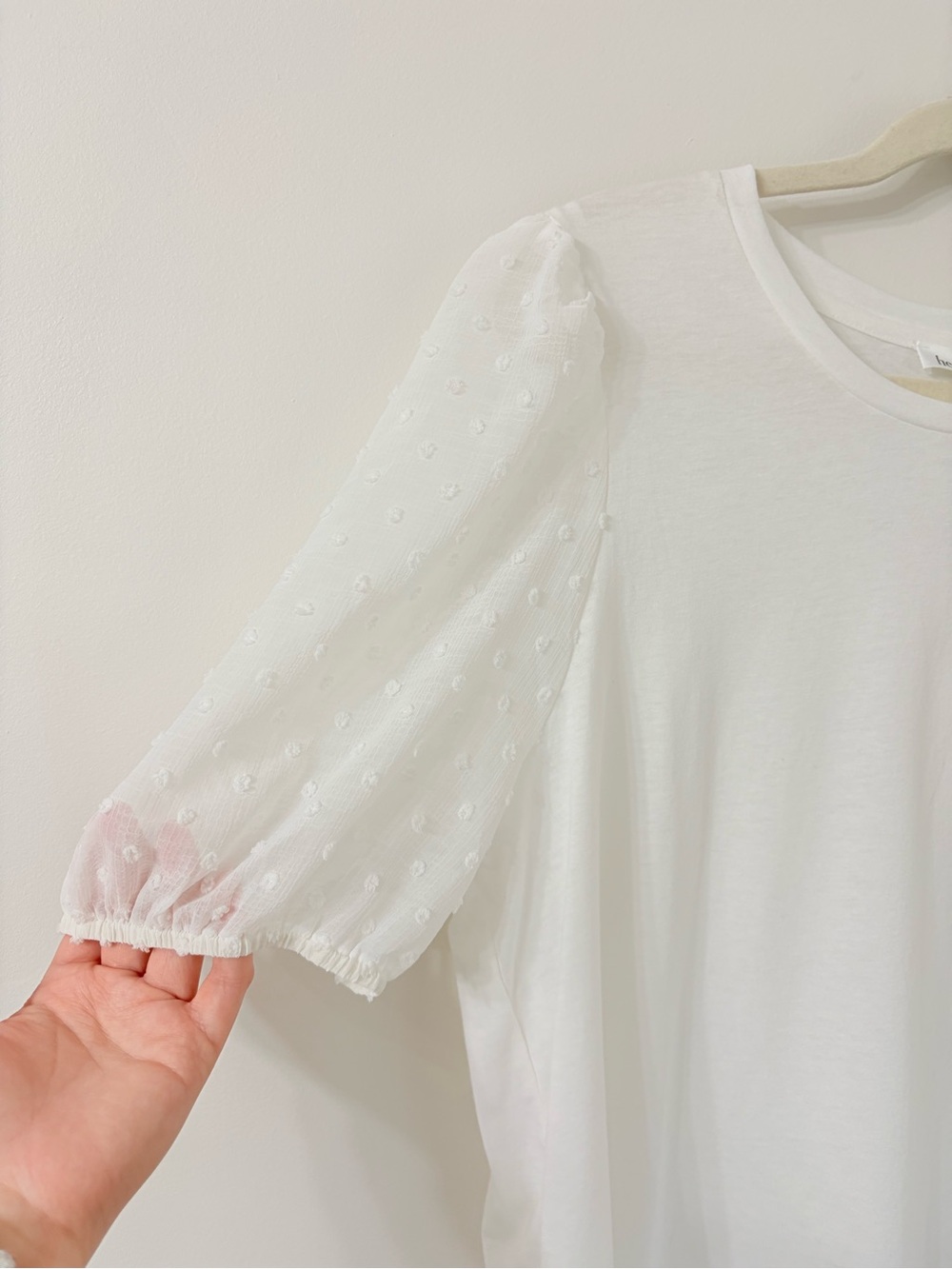 NWT HEARTLOOM White Puff Sheer Swiss Dot Sleeves Tshirt Romantic Quiet Luxury XL - Picture 4 of 7